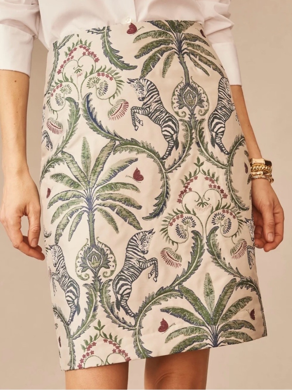 J. McLaughlin-Patricia Skirt in Maxi Zebra Ilse Jacquard.Cream + Green.Size 8